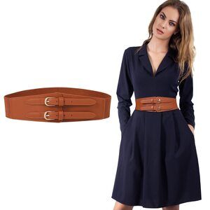 8254 Double Buckle Women's Elastic Belt- Ladies Stretchy Wide Waist Leather